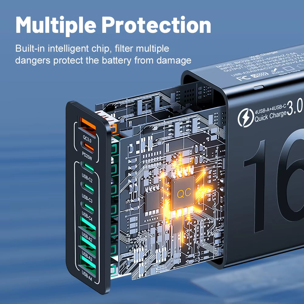150W Multi Ports USB Charger Fast Charging Wall Adapter for Xiaomi Iphone Samsung Huawei PD Type C Travel Charger EU/US/KR Plug 